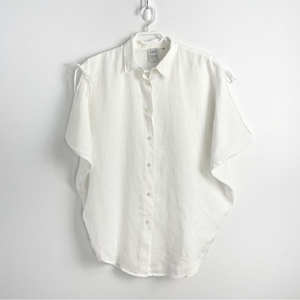 Sara Roka White Linen Button Down Blouse Sz Medium